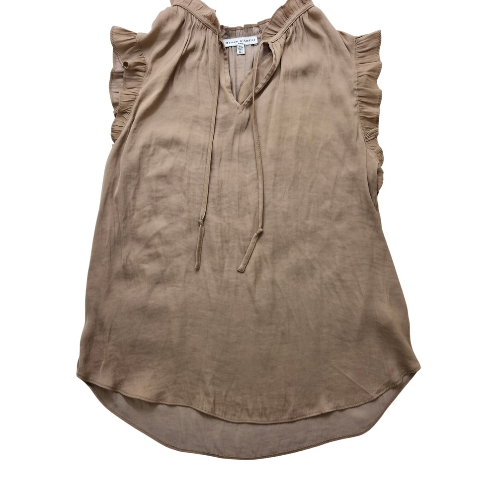 Maison d'Amelie Paris Taupe Ruffle Necktie Sleeveless Blouse Top Small